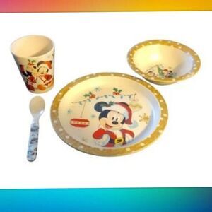 Disney Christmas Mickey And Minnie Bamboo Fiber Dish Set Plate, Bowl, Cup, And S